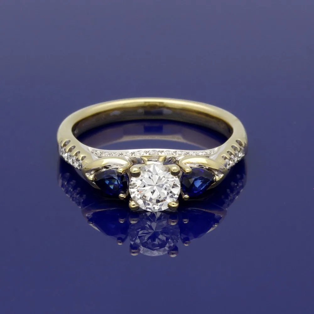 18ct Yellow Gold Diamond & Teardrop Sapphire Trilogy Ring