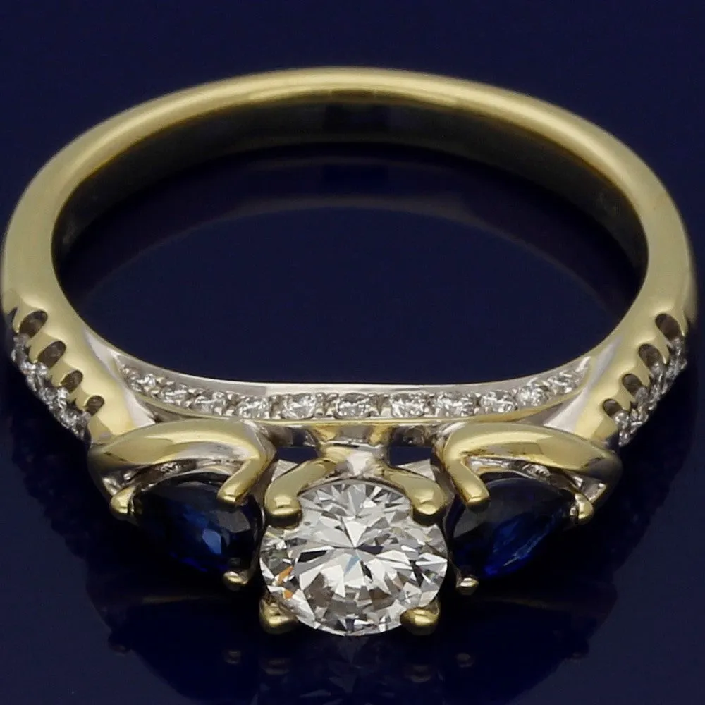 18ct Yellow Gold Diamond & Teardrop Sapphire Trilogy Ring