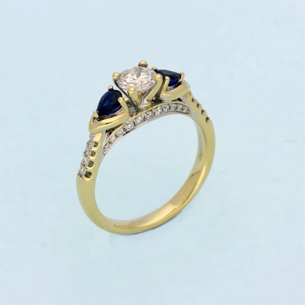 18ct Yellow Gold Diamond & Teardrop Sapphire Trilogy Ring
