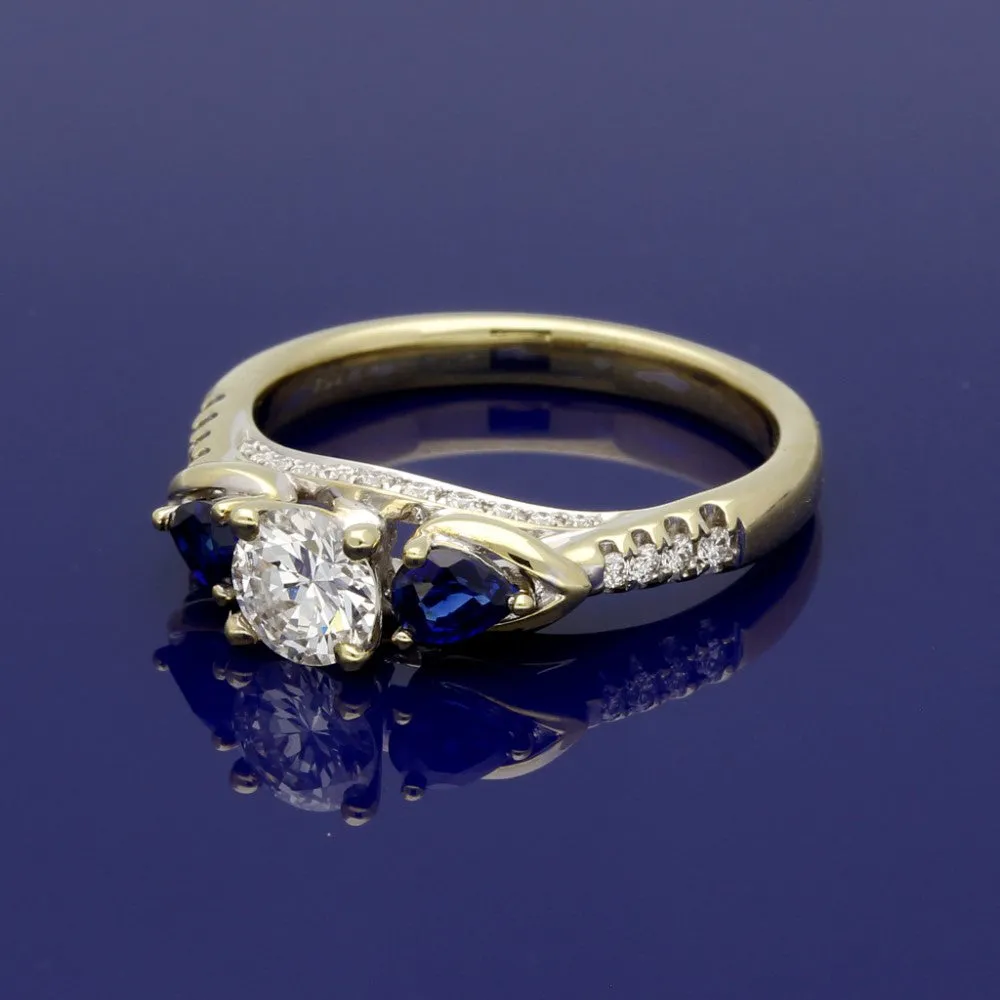 18ct Yellow Gold Diamond & Teardrop Sapphire Trilogy Ring
