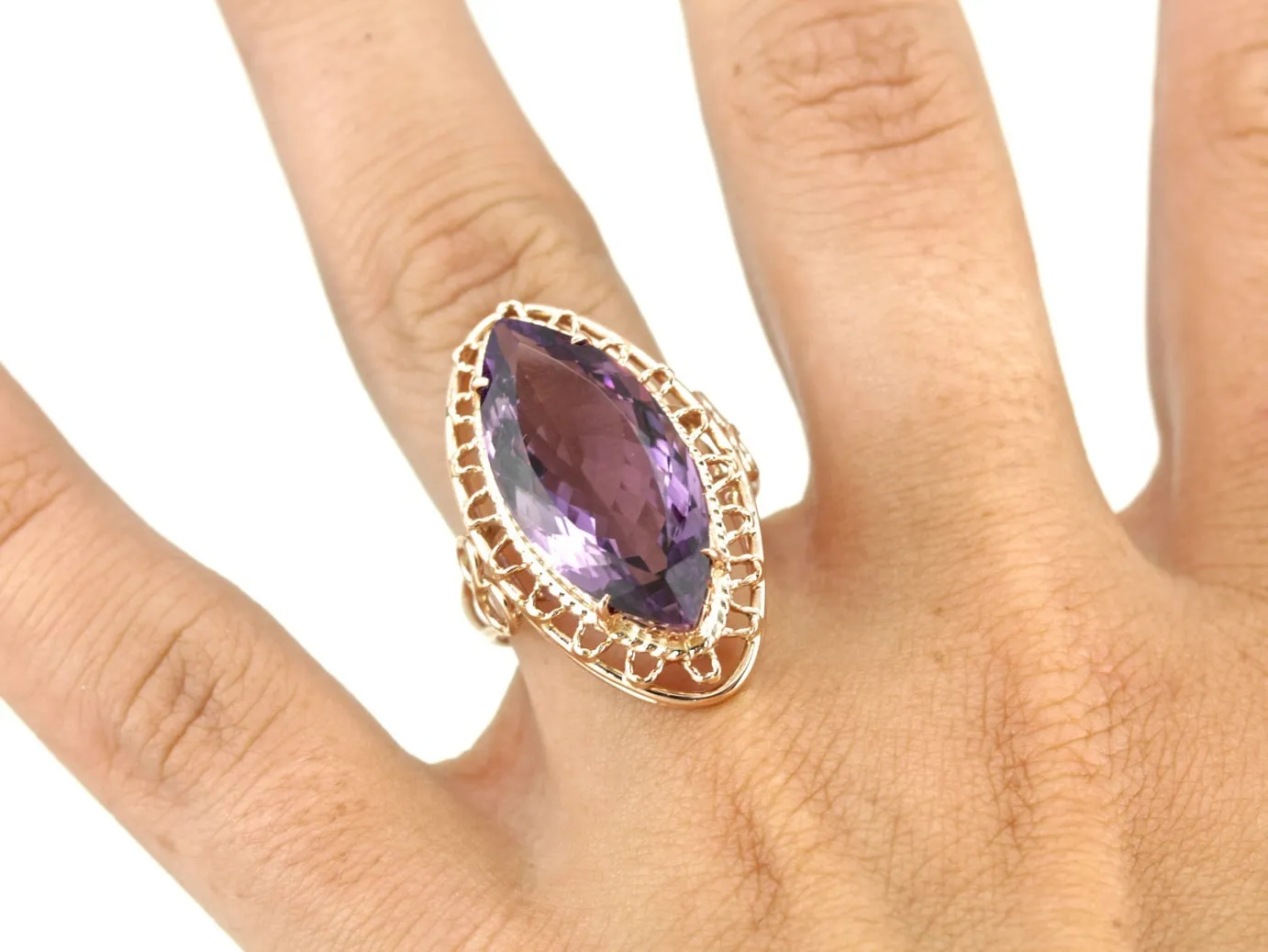 1970's Large Cat's Eye Amethyst Filigree Statement Ring