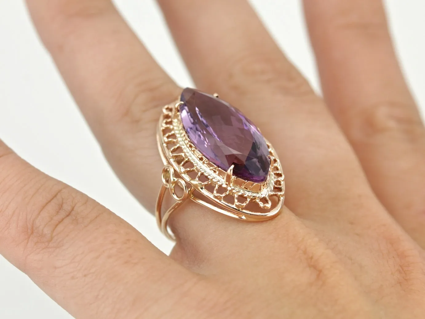1970's Large Cat's Eye Amethyst Filigree Statement Ring