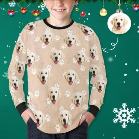 #7-16Y Custom Face Paw Print Kids' Rib Cuff Long Sleeve T-shirt #7-16Y Custom Face Paw Print Kids' Rib Cuff Long Sleeve T-shirt