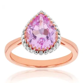 9ct Rose Gold Created Peach Sapphire and Diamond Pear Cut Ring 9ct Rose Gold Created Peach Sapphire and Diamond Pear Cut Ring