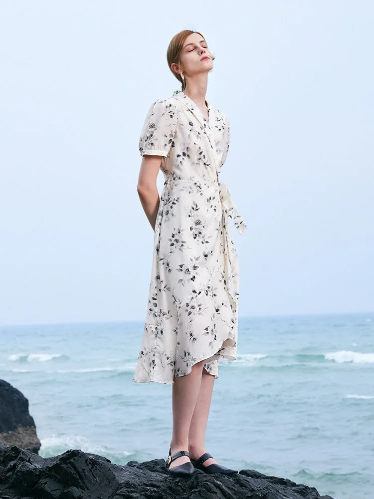 Acetate Ink Floral Print Wrap Midi Dress