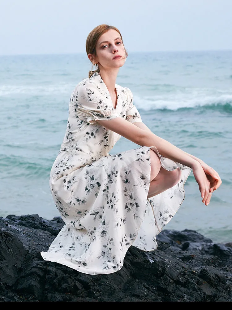Acetate Ink Floral Print Wrap Midi Dress