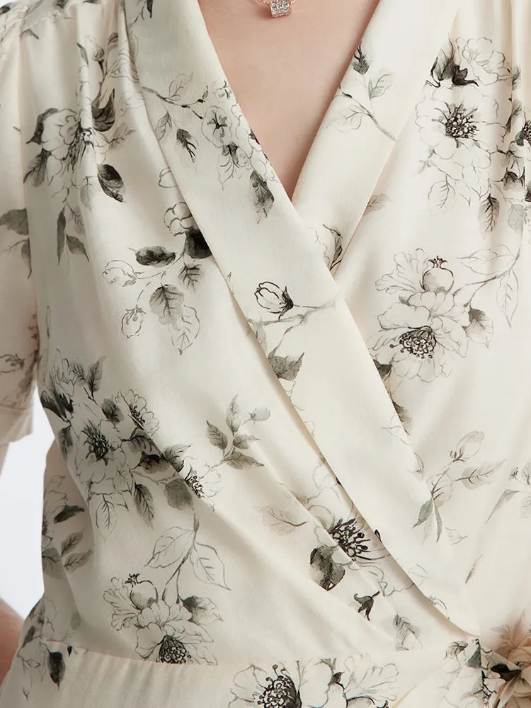Acetate Ink Floral Print Wrap Midi Dress