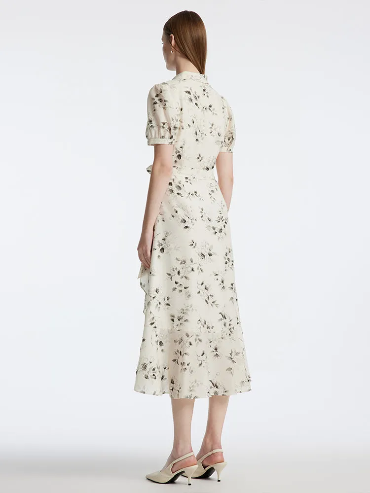 Acetate Ink Floral Print Wrap Midi Dress