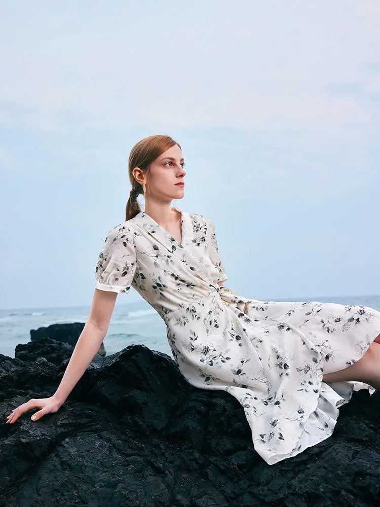 Acetate Ink Floral Print Wrap Midi Dress