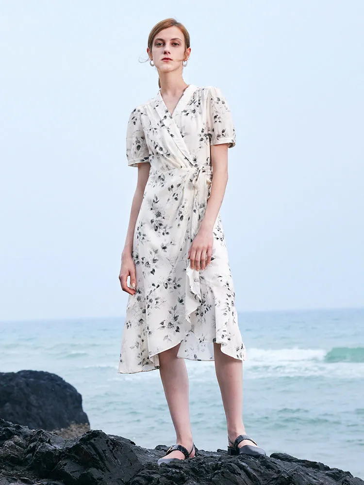Acetate Ink Floral Print Wrap Midi Dress
