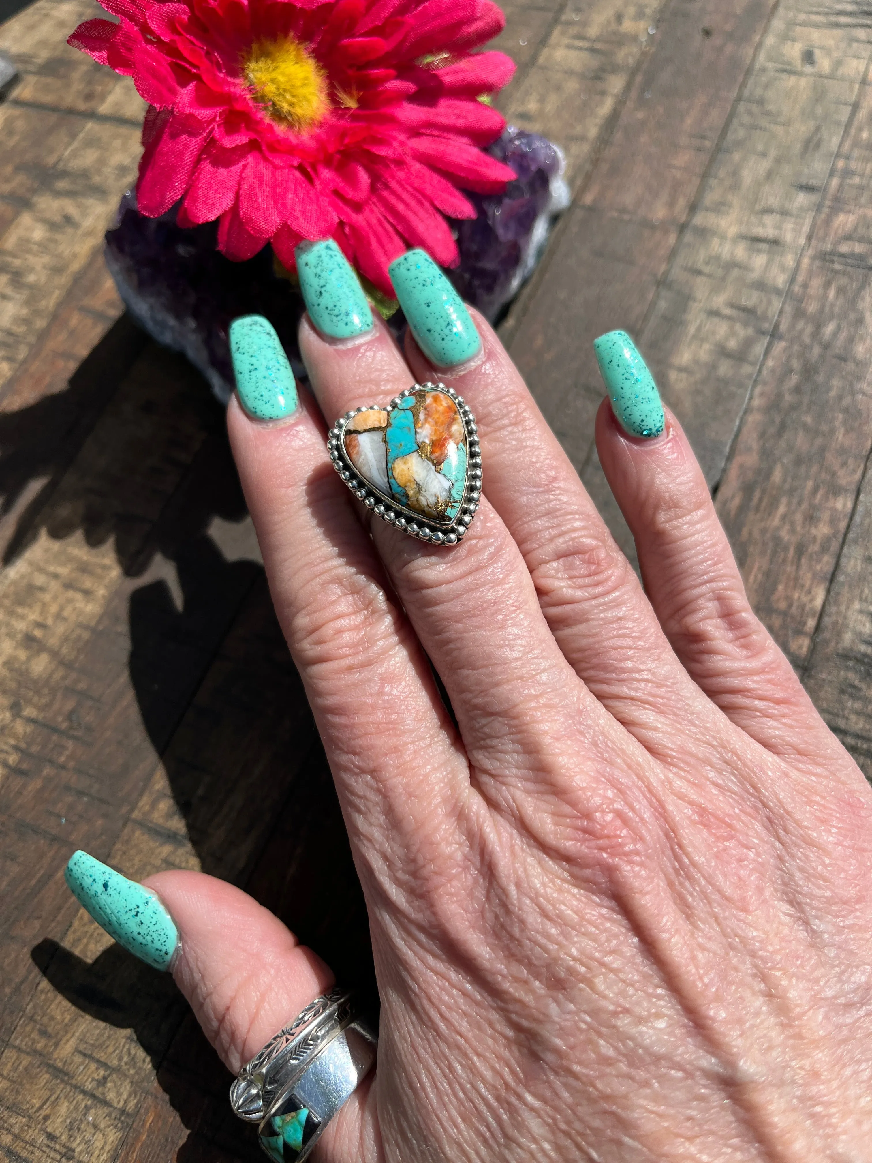 Adjustable Orange Spiny Kingman Heart Ring #1