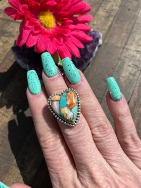 Adjustable Orange Spiny Kingman Heart Ring #1