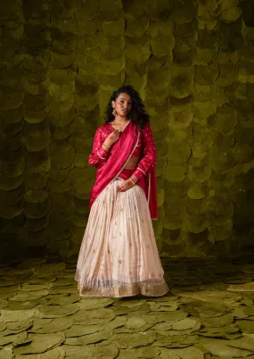 Aṭṭige (ಅತ್ತಿಗೆ) Lehenga in Sangria Pink and Rose Dust Off-White Aṭṭige (ಅತ್ತಿಗೆ) Lehenga in Sangria Pink and Rose Dust Off-White