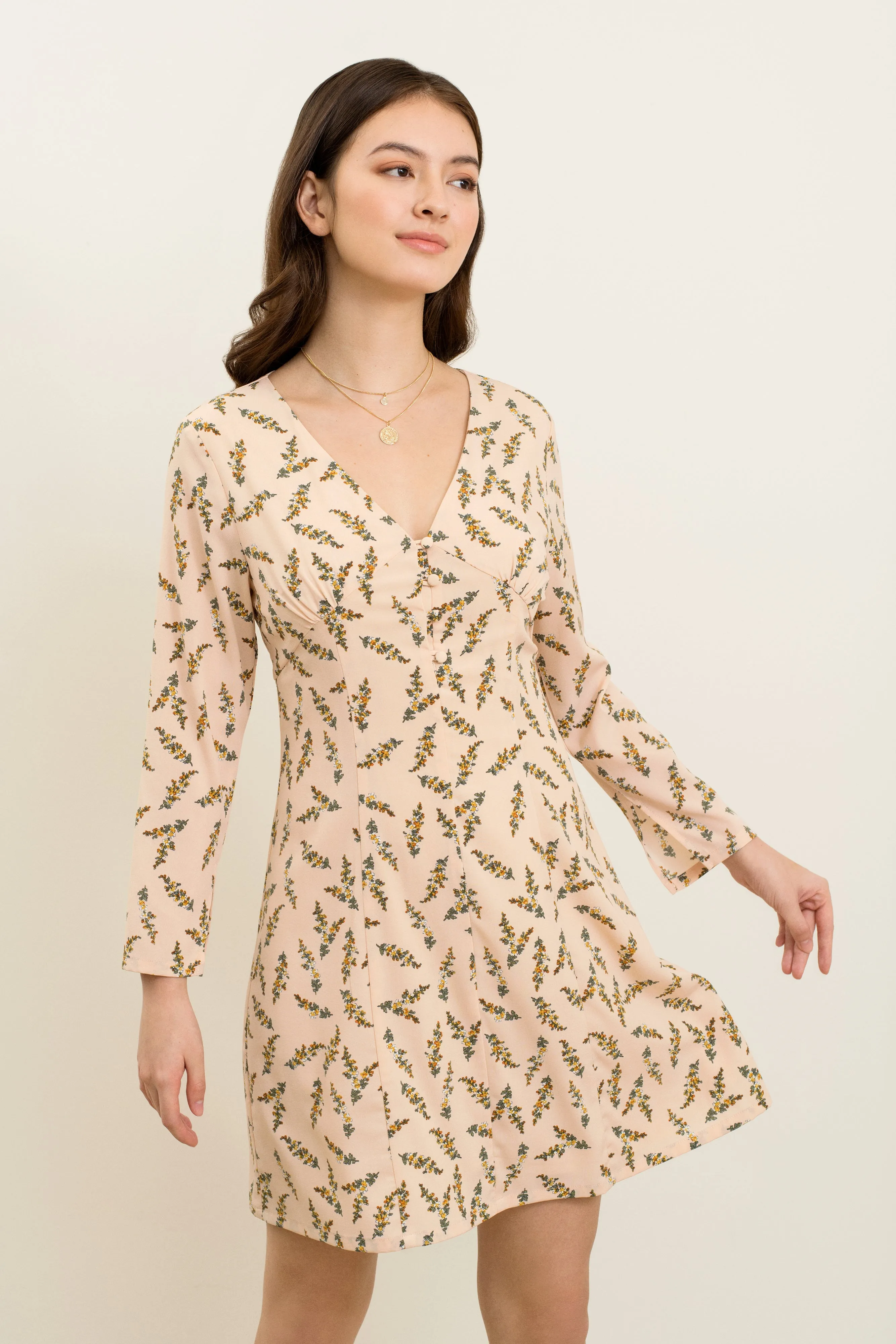 Amelia Long Sleeve Printed Dress in Beige