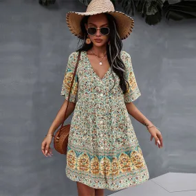 Amy Fashion - Casual V Neck Bohemian Short Sleeve Dress Amy Fashion - Casual V Neck Bohemian Short Sleeve Dress