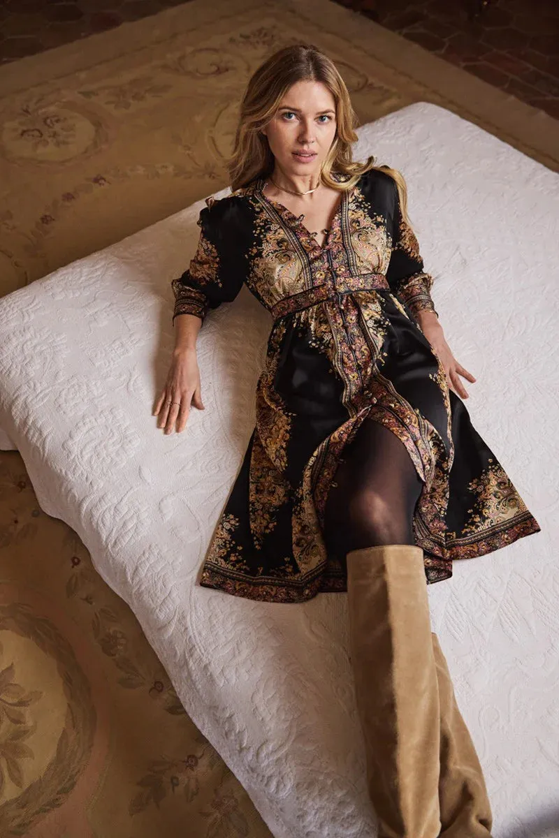 Black and Gold Paisley Shirt Dress by Molly Bracken