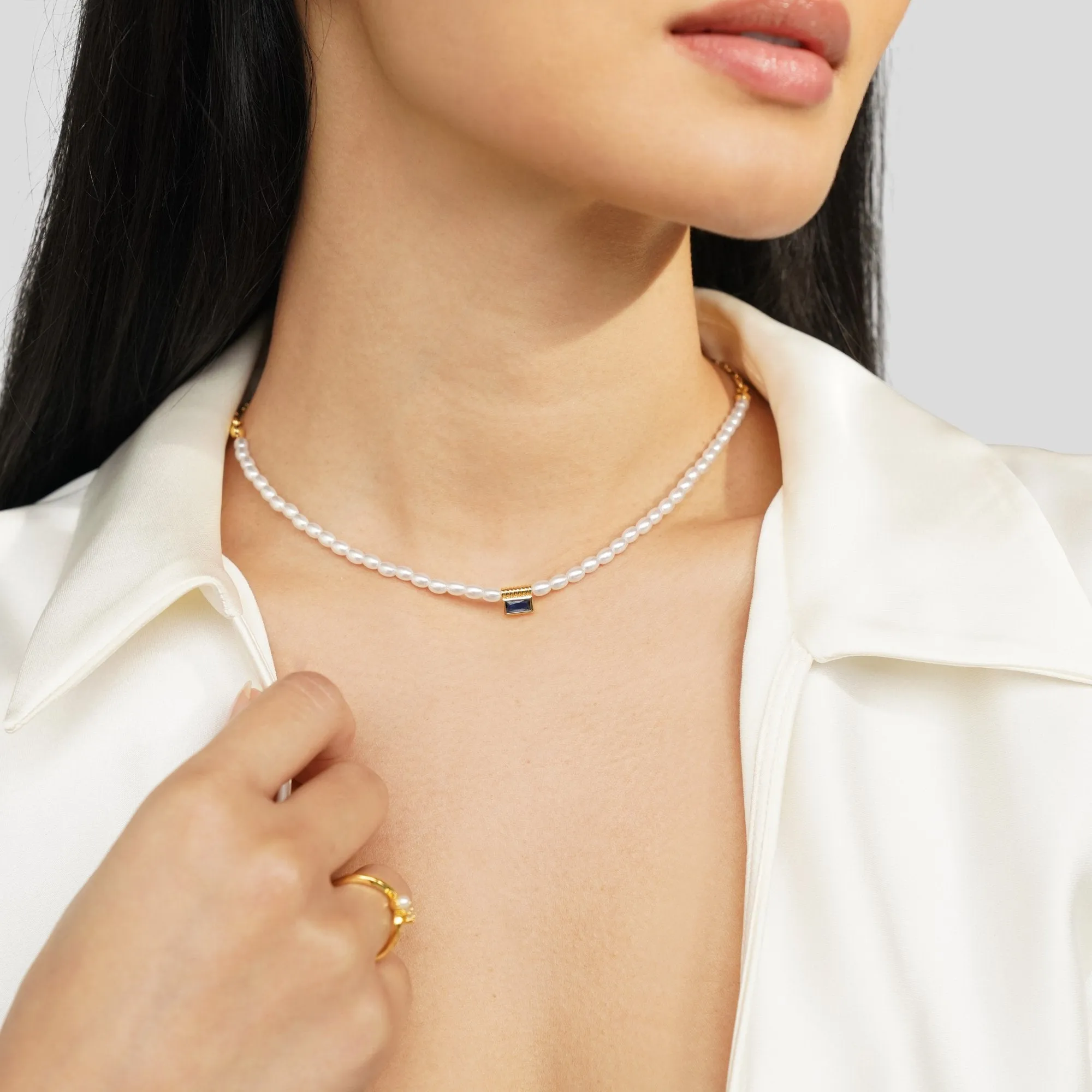 Blue Crystal Baguette Pearl Necklace