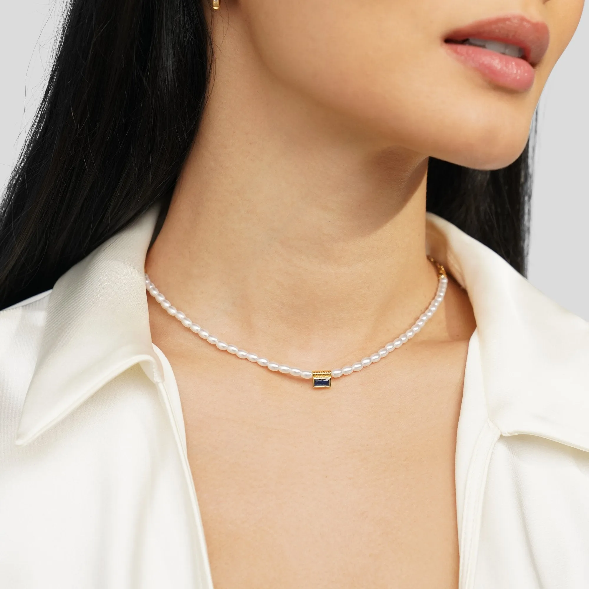 Blue Crystal Baguette Pearl Necklace