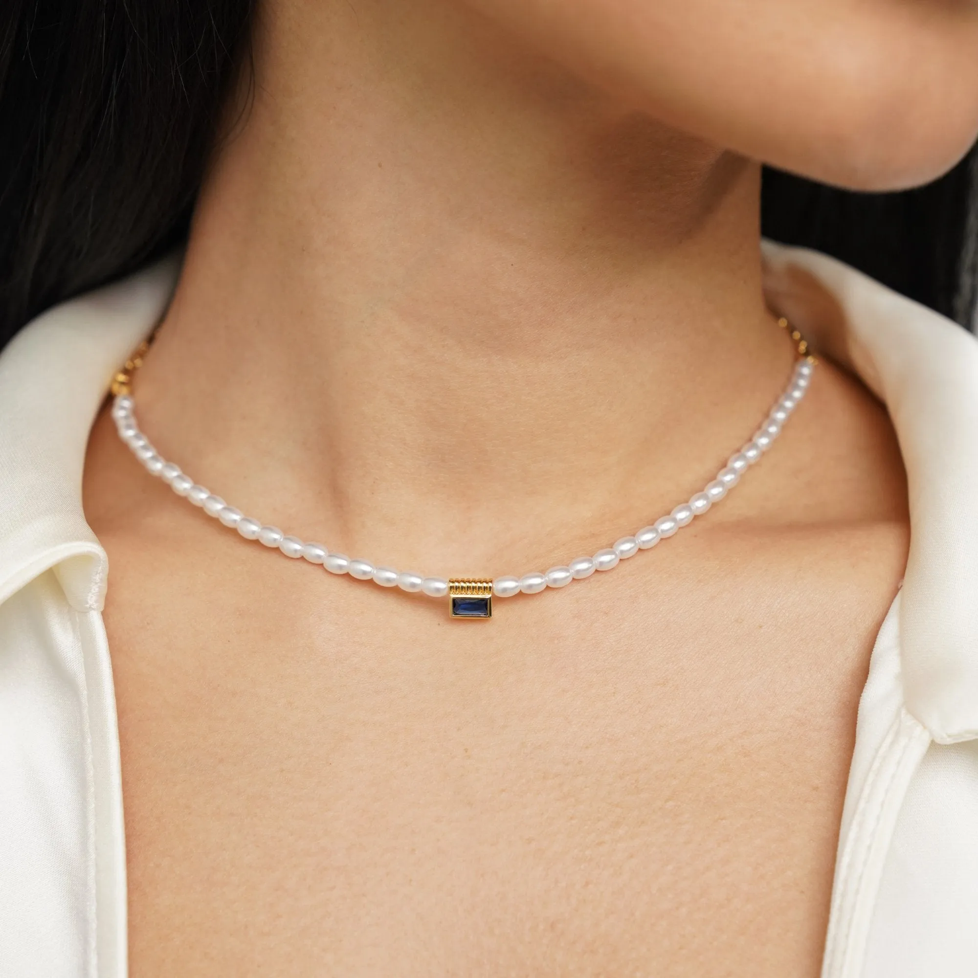 Blue Crystal Baguette Pearl Necklace