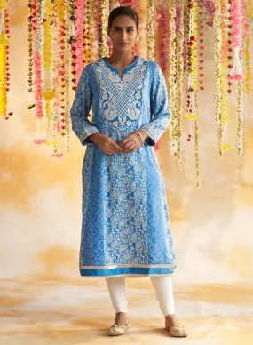 Blue Printed Kurta With Embroidery & Lace Blue Printed Kurta With Embroidery & Lace