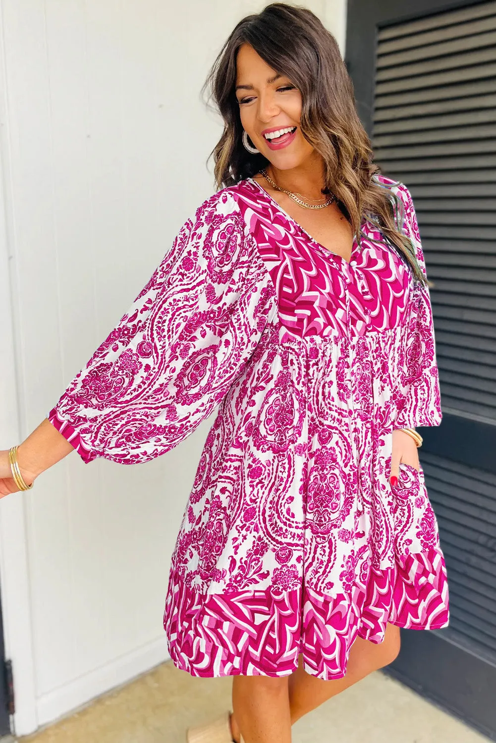 Bohemian Print Puff Sleeve Tied V Neck Flared Mini Dress