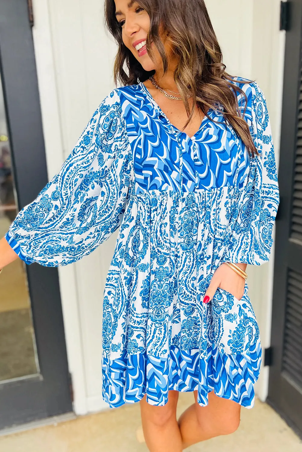 Bohemian Print Puff Sleeve Tied V Neck Flared Mini Dress