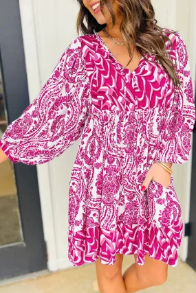 Bohemian Print Puff Sleeve Tied V Neck Flared Mini Dress Bohemian Print Puff Sleeve Tied V Neck Flared Mini Dress