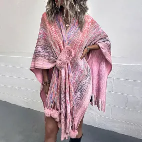 Boho Pom Pom Fringe Trim Pull Through Pink Space Dye Knit Cape Cardigan Boho Pom Pom Fringe Trim Pull Through Pink Space Dye Knit Cape Cardigan