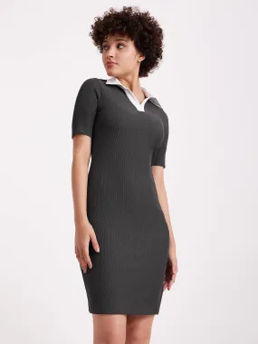 Collared Rib Knit Dress - Grey And White Collared Rib Knit Dress - Grey And White