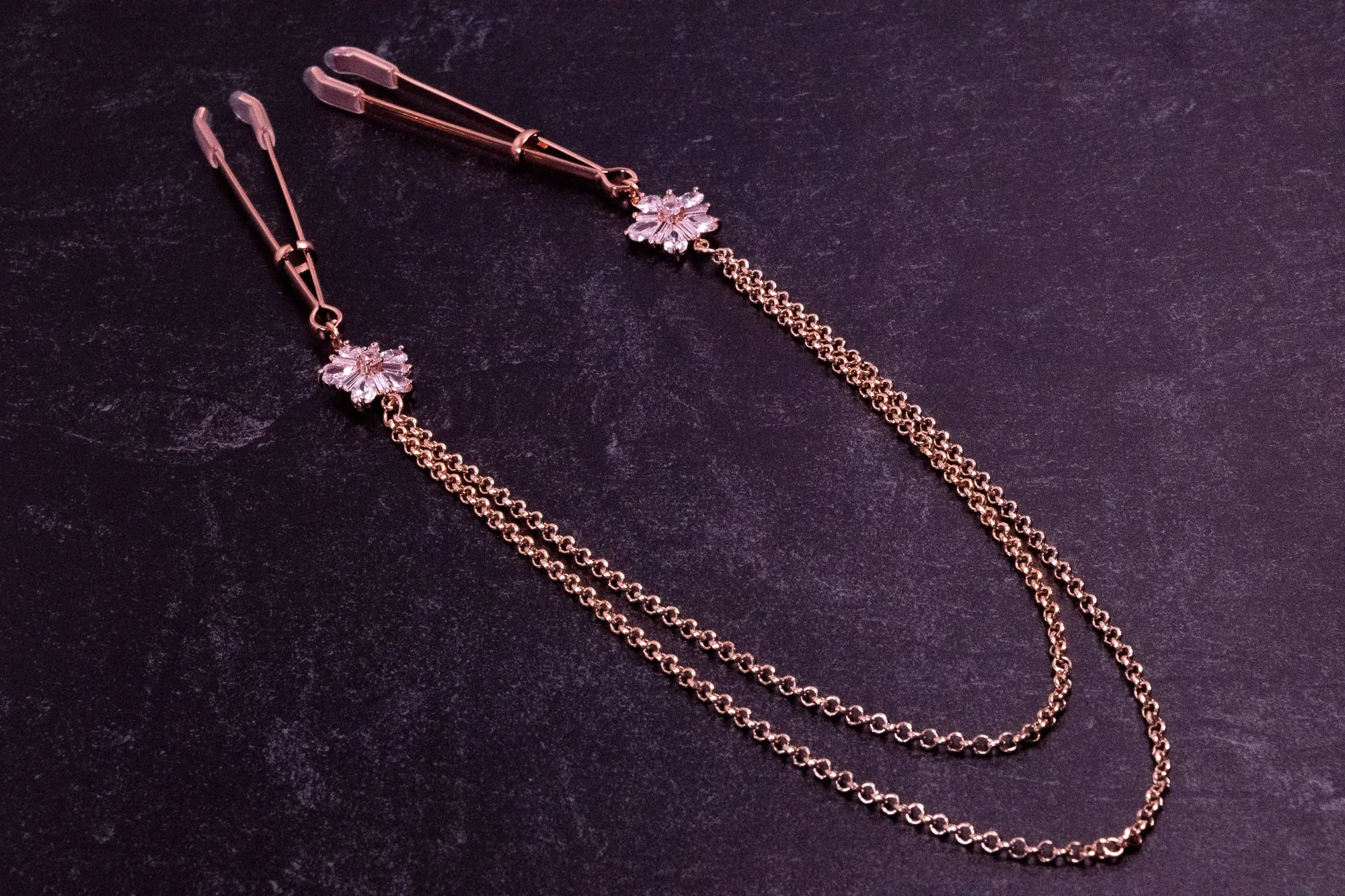 Deluxe Florals & Chain Tweezer Nipple Clamps in Rose Gold