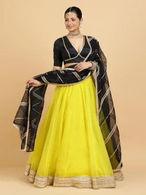 Farah Zeenat 3-Piece Lehenga Set | Lemon Yellow Lehenga, Charcoal Black Blouse | With Chandni Black Dupatta Farah Zeenat 3-Piece Lehenga Set | Lemon Yellow Lehenga, Charcoal Black Blouse | With Chandni Black Dupatta