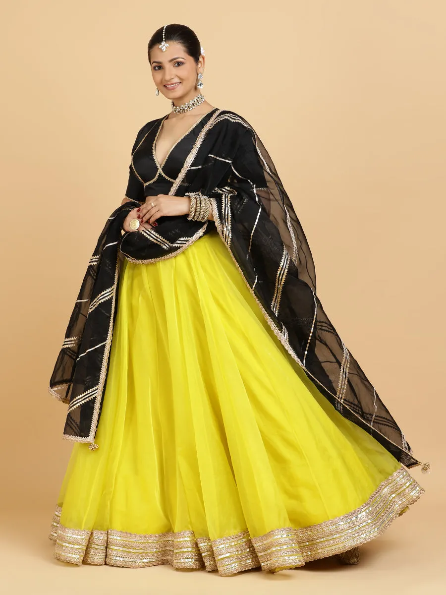 Farah Zeenat 3-Piece Lehenga Set | Lemon Yellow Lehenga, Charcoal Black Blouse | With Chandni Black Dupatta