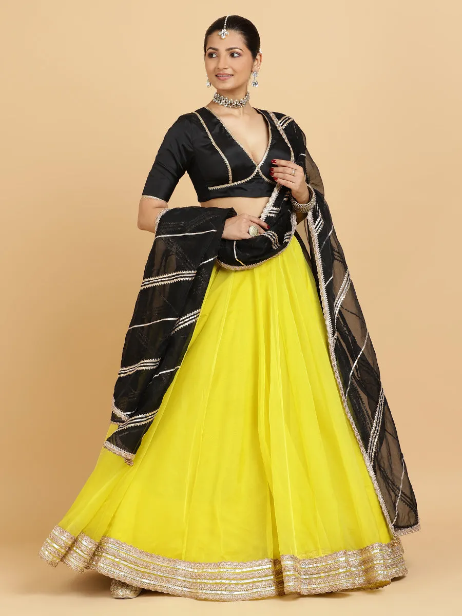 Farah Zeenat 3-Piece Lehenga Set | Lemon Yellow Lehenga, Charcoal Black Blouse | With Chandni Black Dupatta