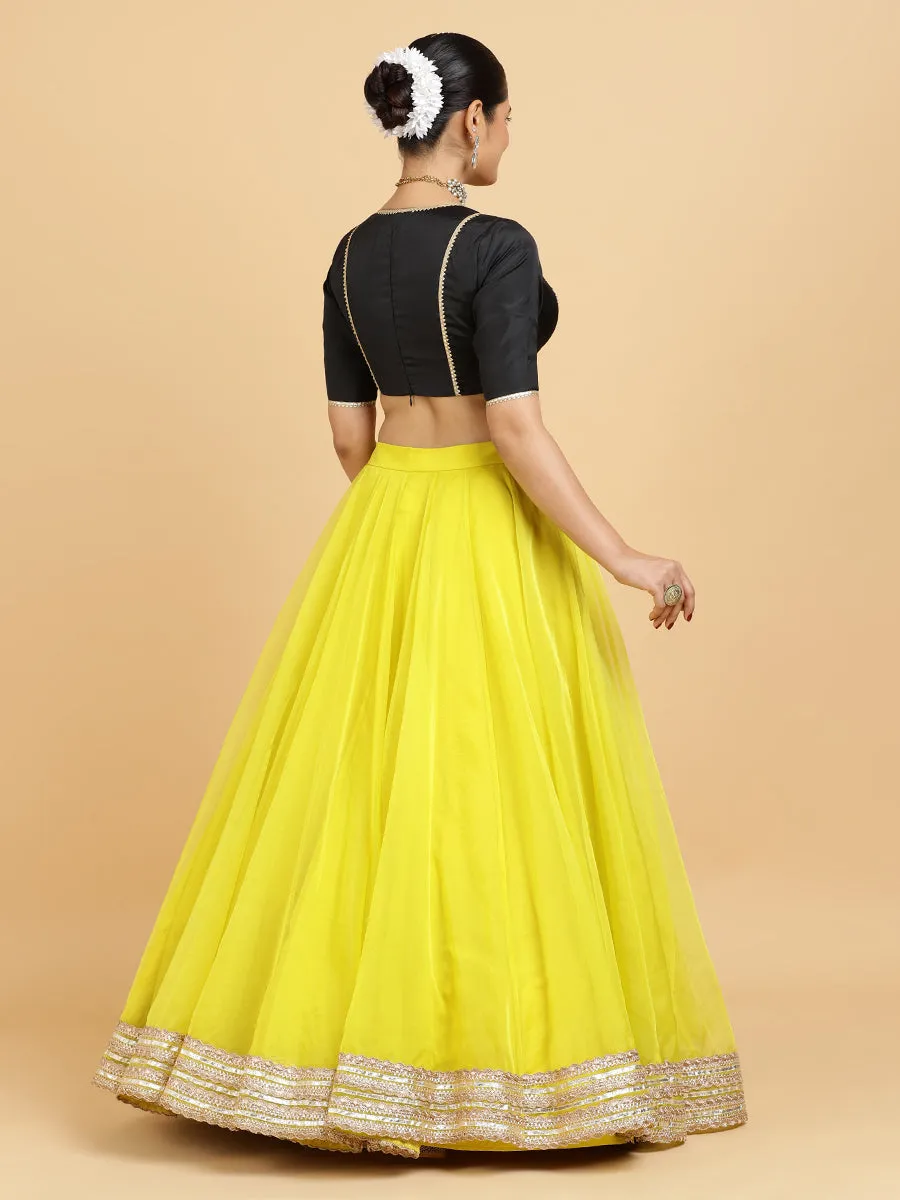 Farah Zeenat 3-Piece Lehenga Set | Lemon Yellow Lehenga, Charcoal Black Blouse | With Chandni Black Dupatta