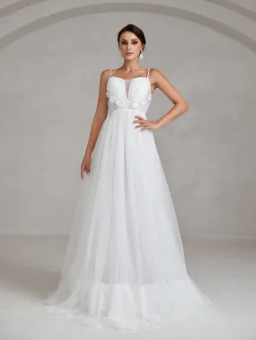 Floral Applique Lace Up Back Mesh Cami Wedding Dress Floral Applique Lace Up Back Mesh Cami Wedding Dress