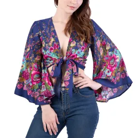 Flower Women Boho Wrap Top - Casual Shirt - Dark Blue Flower Women Boho Wrap Top - Casual Shirt - Dark Blue