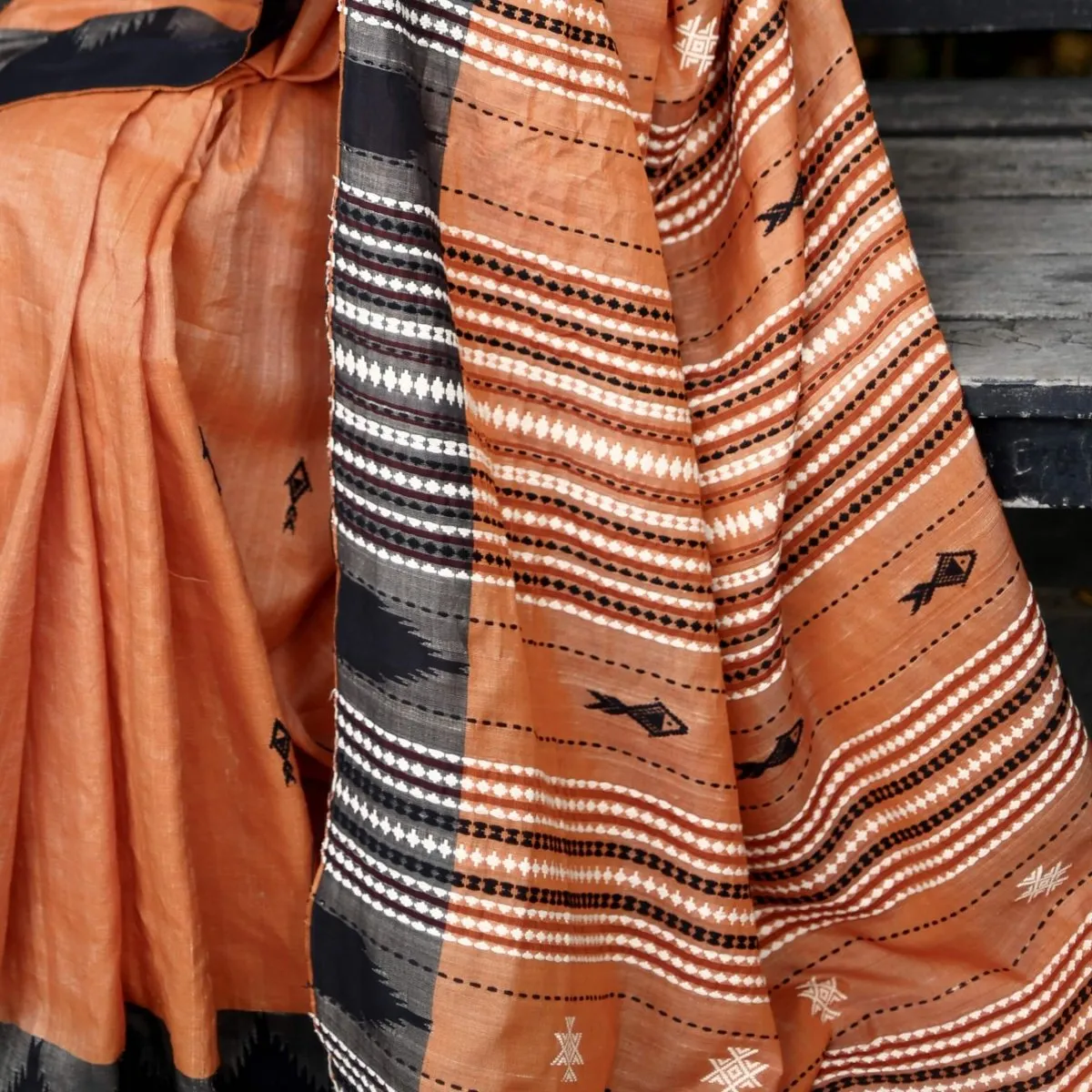 Handwoven Kotpad Tussar Silk Saree in Rust
