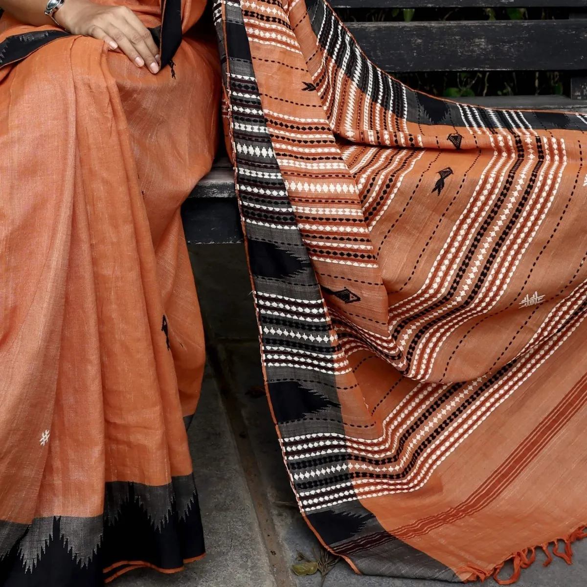 Handwoven Kotpad Tussar Silk Saree in Rust