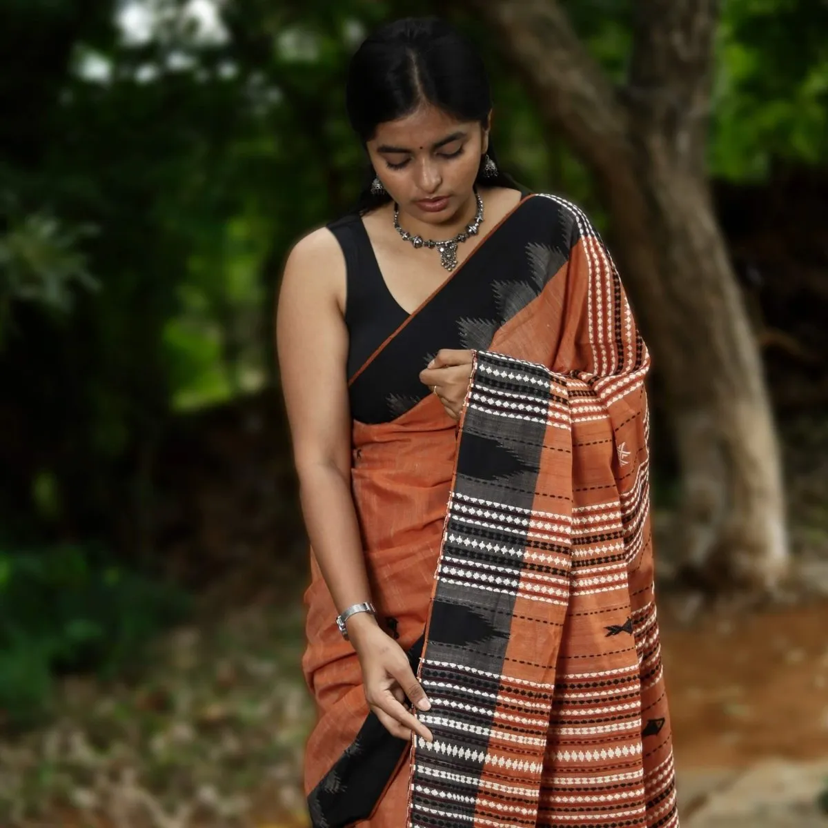 Handwoven Kotpad Tussar Silk Saree in Rust