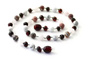 Howlite, Rose Quartz and Leopard Skin Jasper   Raw Cherry Baltic Amber Necklace ll Pain ll Calming ll Arthritis ll POP   Screw Clasp Howlite, Rose Quartz and Leopard Skin Jasper   Raw Cherry Baltic Amber Necklace ll Pain ll Calming ll Arthritis ll POP   Screw Clasp