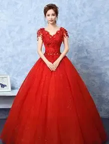 Lace Red V Neck Wedding Dress 2024 Simple Princess Ball Gown Vestido De Noiva
