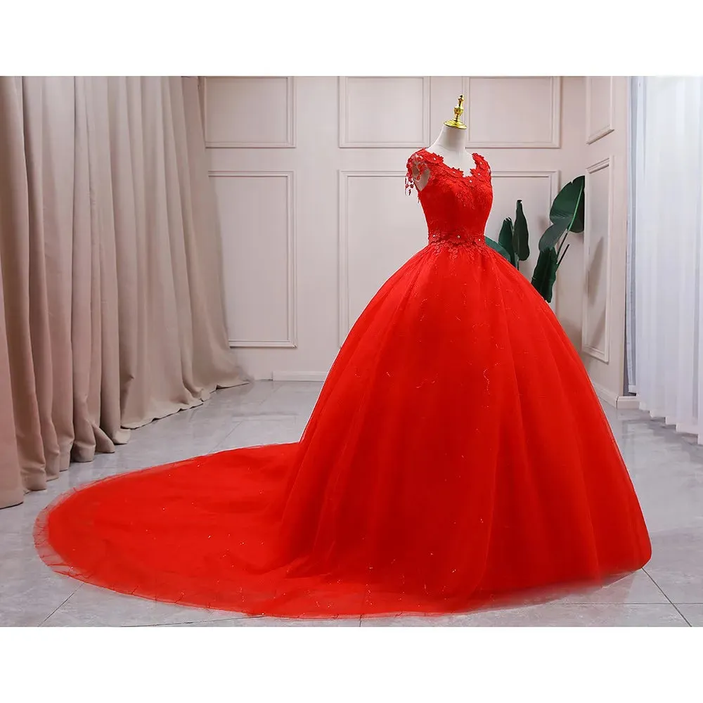 Lace Red V Neck Wedding Dress 2024 Simple Princess Ball Gown Vestido De Noiva