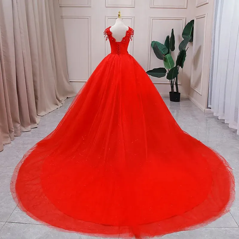 Lace Red V Neck Wedding Dress 2024 Simple Princess Ball Gown Vestido De Noiva