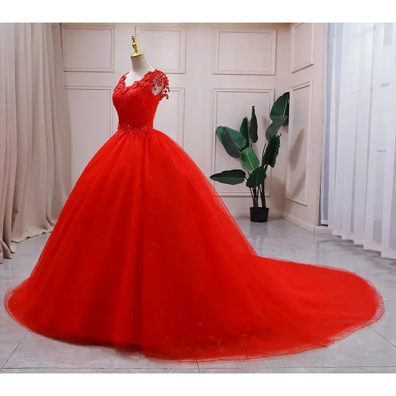 Lace Red V Neck Wedding Dress 2024 Simple Princess Ball Gown Vestido De Noiva