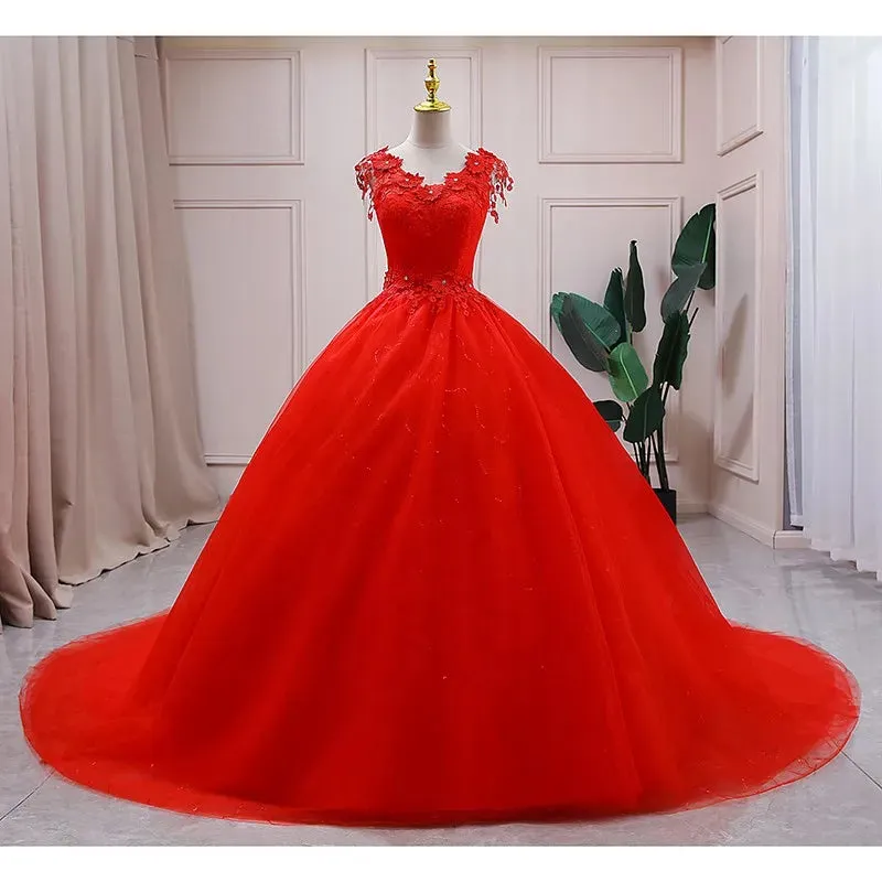 Lace Red V Neck Wedding Dress 2024 Simple Princess Ball Gown Vestido De Noiva