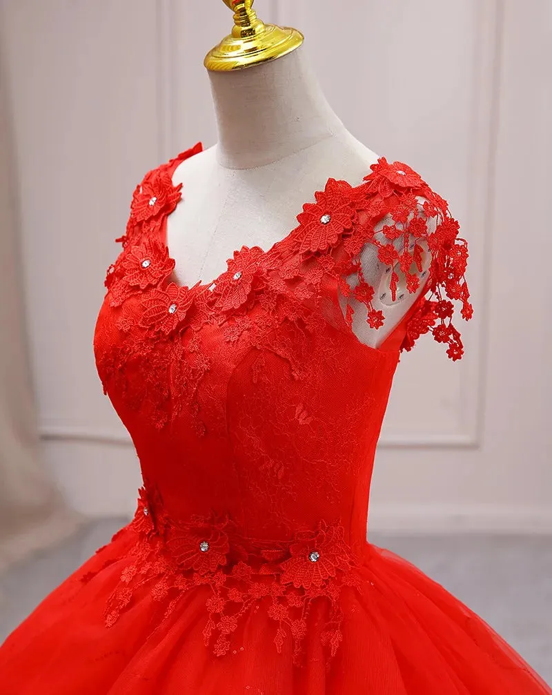 Lace Red V Neck Wedding Dress 2024 Simple Princess Ball Gown Vestido De Noiva