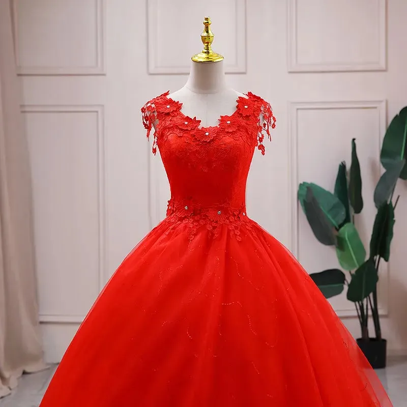 Lace Red V Neck Wedding Dress 2024 Simple Princess Ball Gown Vestido De Noiva