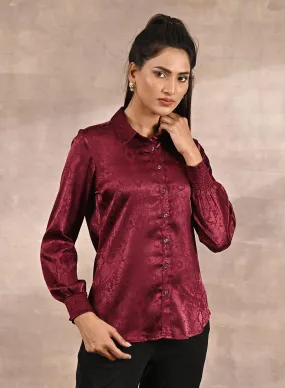 Maroon Aztec Printed Satin Shirt with Gathered Sleeves Maroon Aztec Printed Satin Shirt with Gathered Sleeves