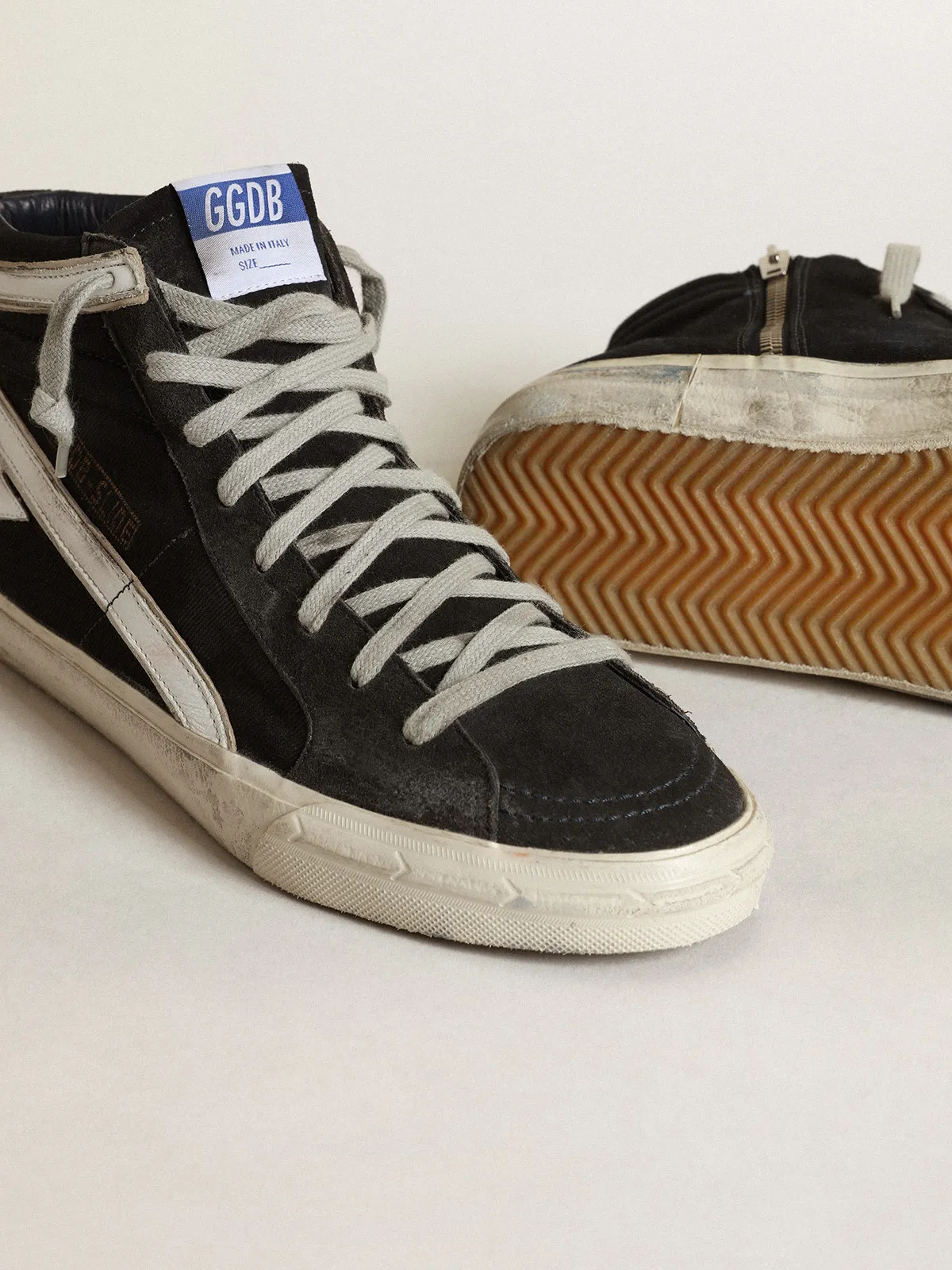 Men's Slide in navy blue denim with star and white flash
