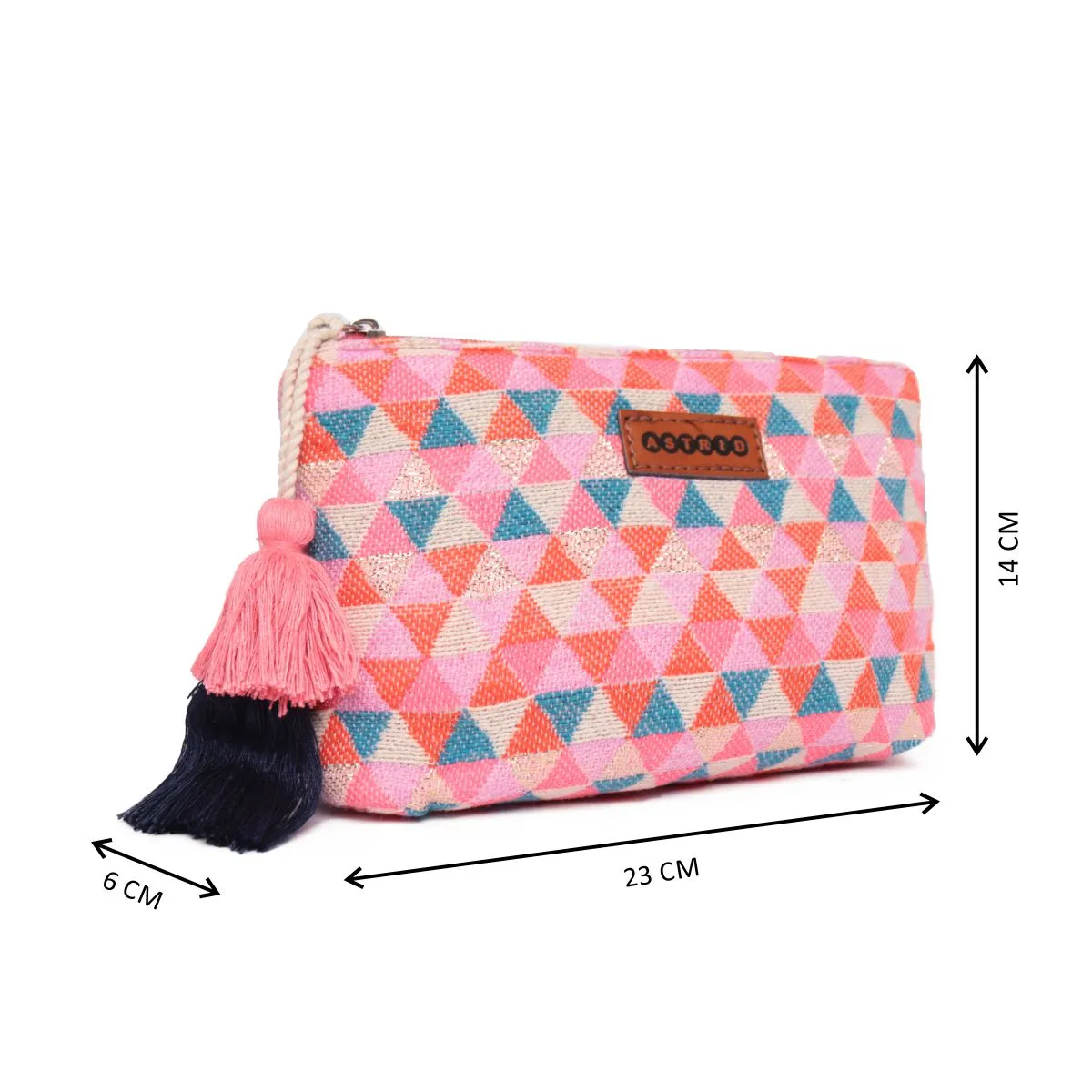 Multi Triangle Pattern Woven Makeup/Travel Pouch With Tassels